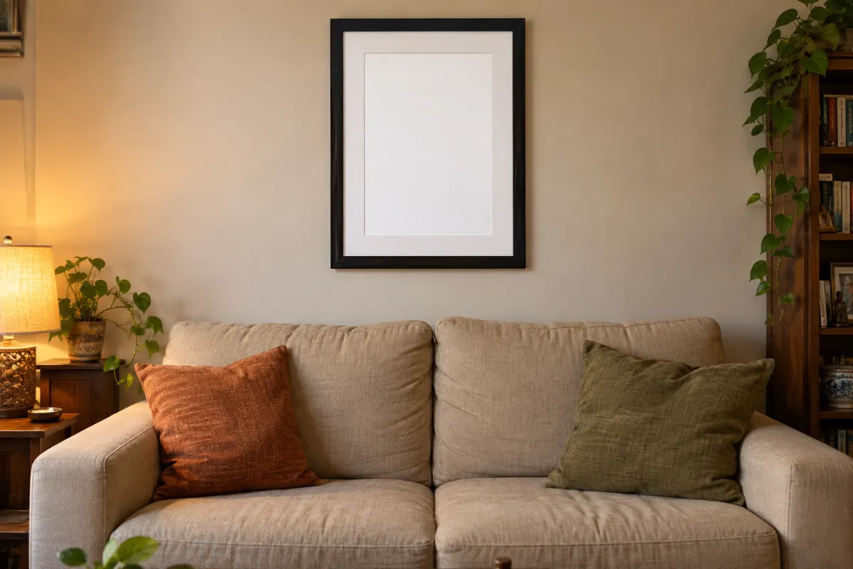 A large 12 by 18 inch framed keepsake above a sofa